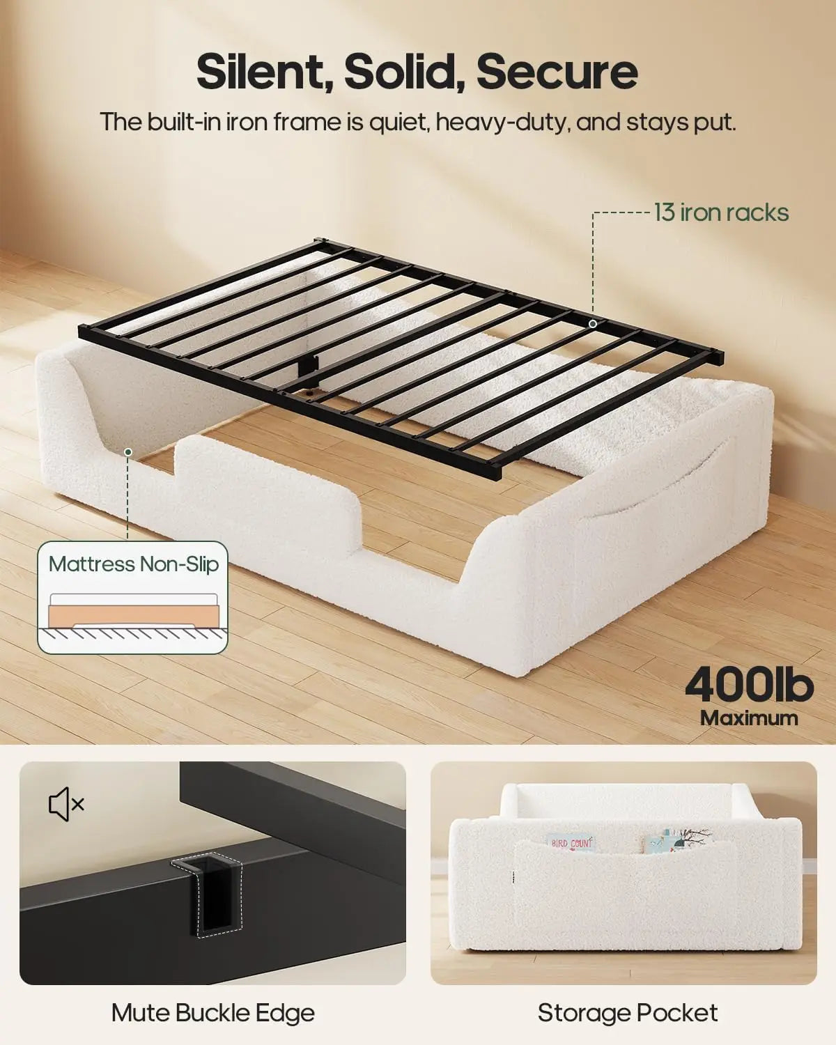 Twin Floor Bed, Low Montessori 2-in-1 Beds, Slats, High Rails, Upholstered