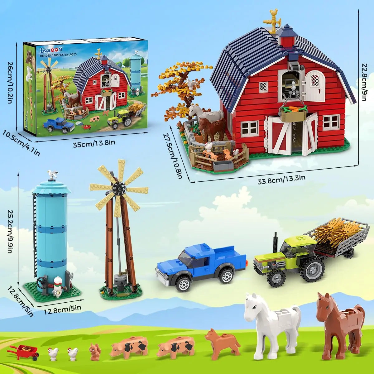 HOGOKIDS Farm Barn Building Set With Windmill Tractor And Animals