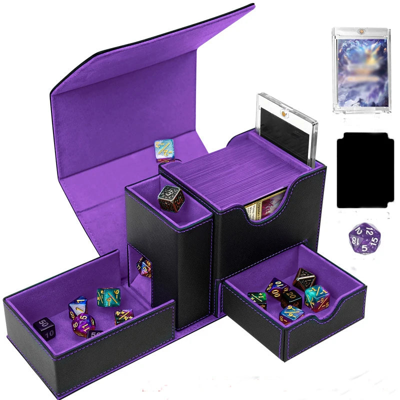 Sports Game PU Leather Card Box Display Window, Dice Side Box, All-in-One Desktop Game Card Box for Storage and Collection