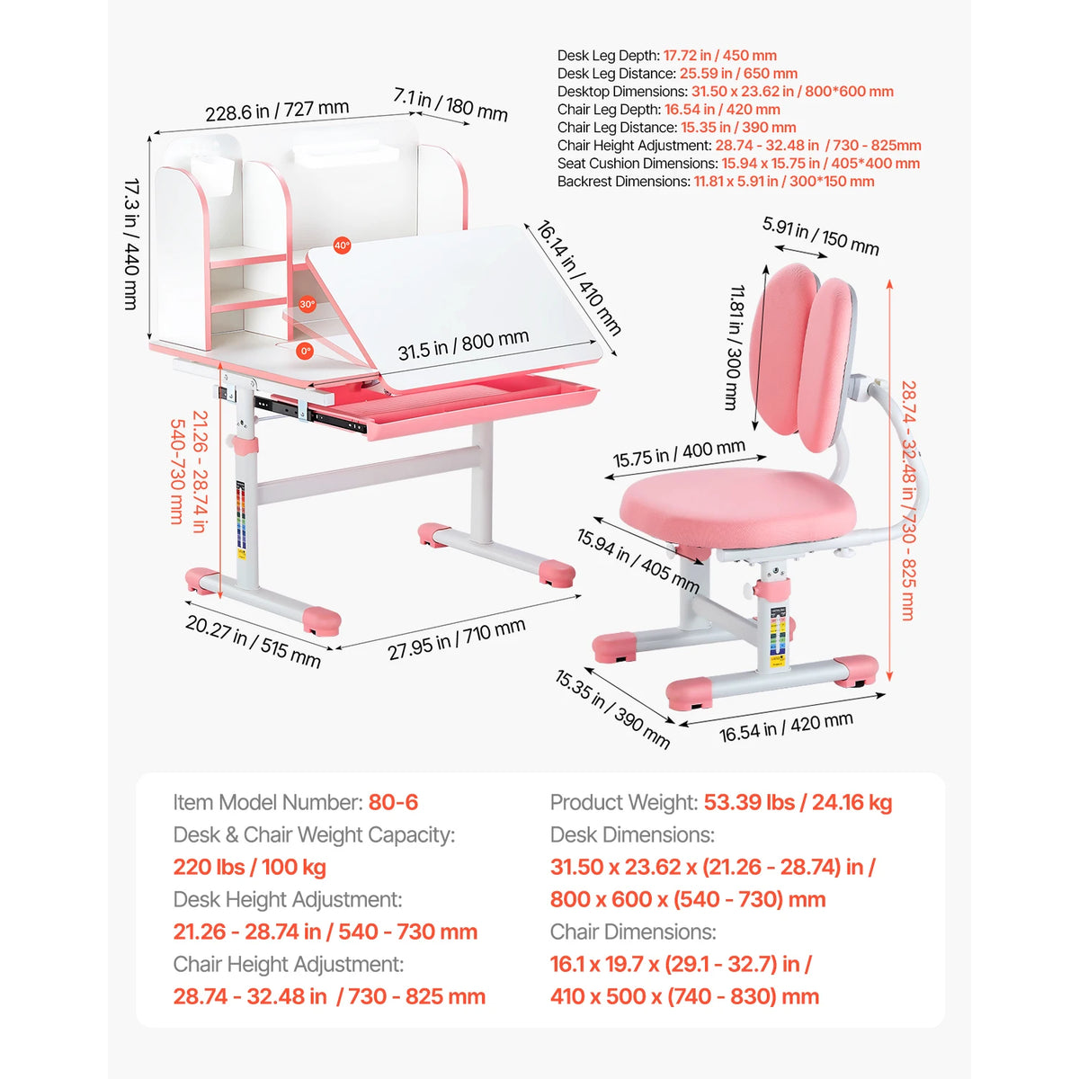 SucceBuy Kids Study Chair and Desk Set Study Desk and Chair for Kids with Table Lamp Adjustable Height for Bedroom & Study Room