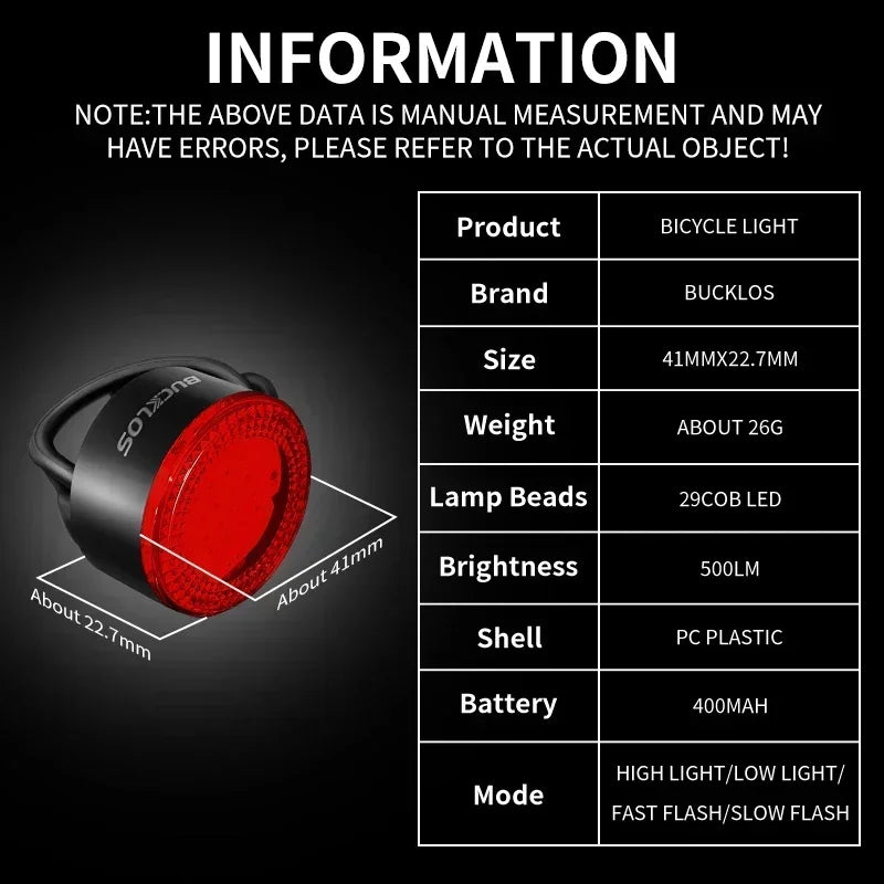 BUCKLOS Rechargeable COB LED Front And Rear Bicycle Light Set