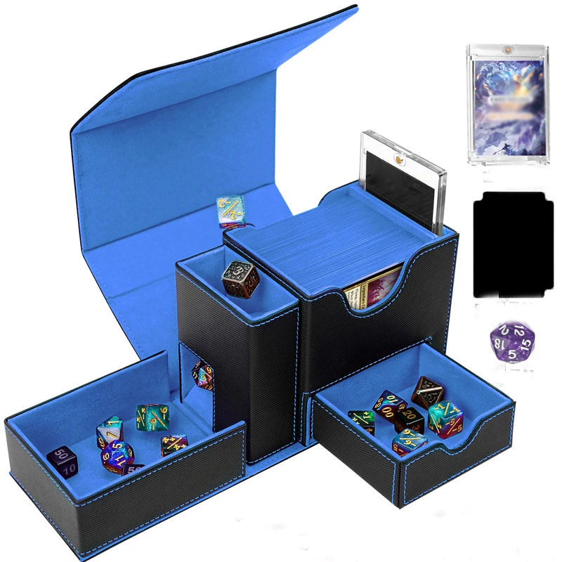 Sports Game PU Leather Card Box Display Window, Dice Side Box, All-in-One Desktop Game Card Box for Storage and Collection