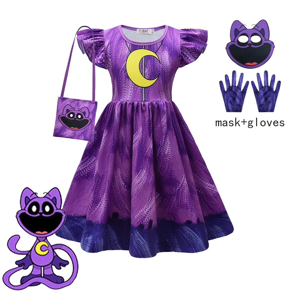 Girl Catnap Smiling Critters Cosplay Costume Kids Cartoon Cat Nap Dogday Print Dress+mask+gloves+bag Set Halloween Party Gift
