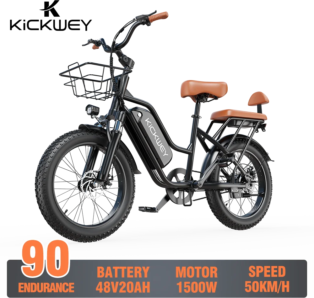 KICKWEY LD20 Electric Bicycle 1500W 48V 20AH 250W Electric Road Bike Double Seat for Women And Kids 20x3.0 Fat Tire Snow E-Bike for Adults
