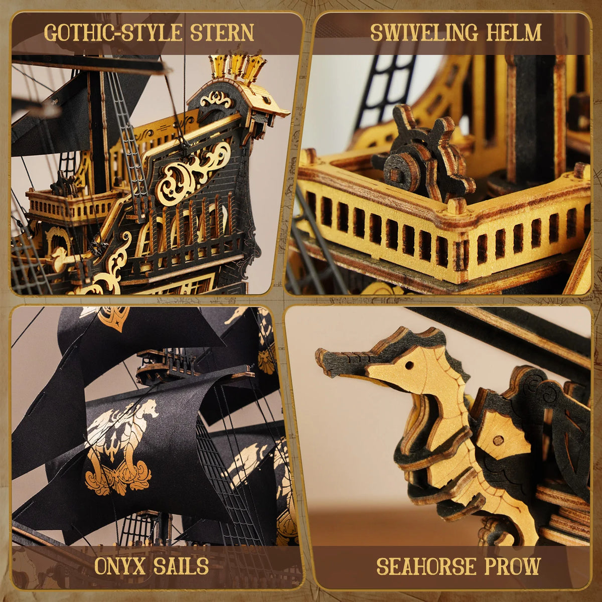 ROKR Seahorse Barque Wooden 3D Puzzle Sailboat Model Building Kit