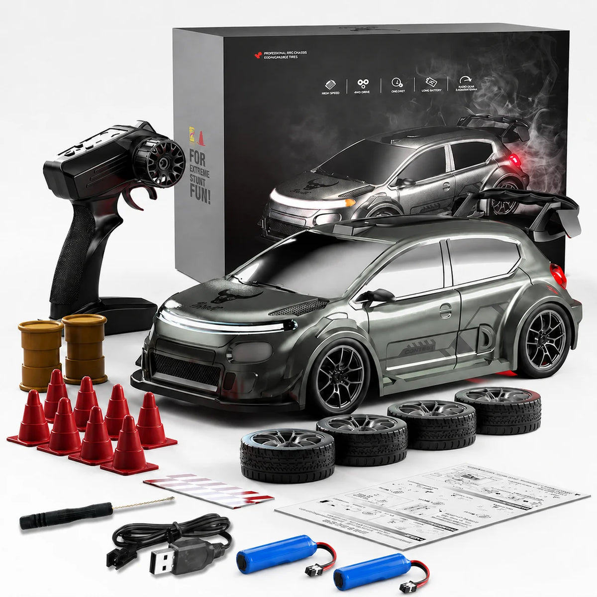 ZNLYRION SG718 1: 24 Scale 4WD RC Drift Car With Replaceable Racing Drift Tires LED Headlights Taillight Sport Rear Wing Remote Control Racing Vehicle Toy