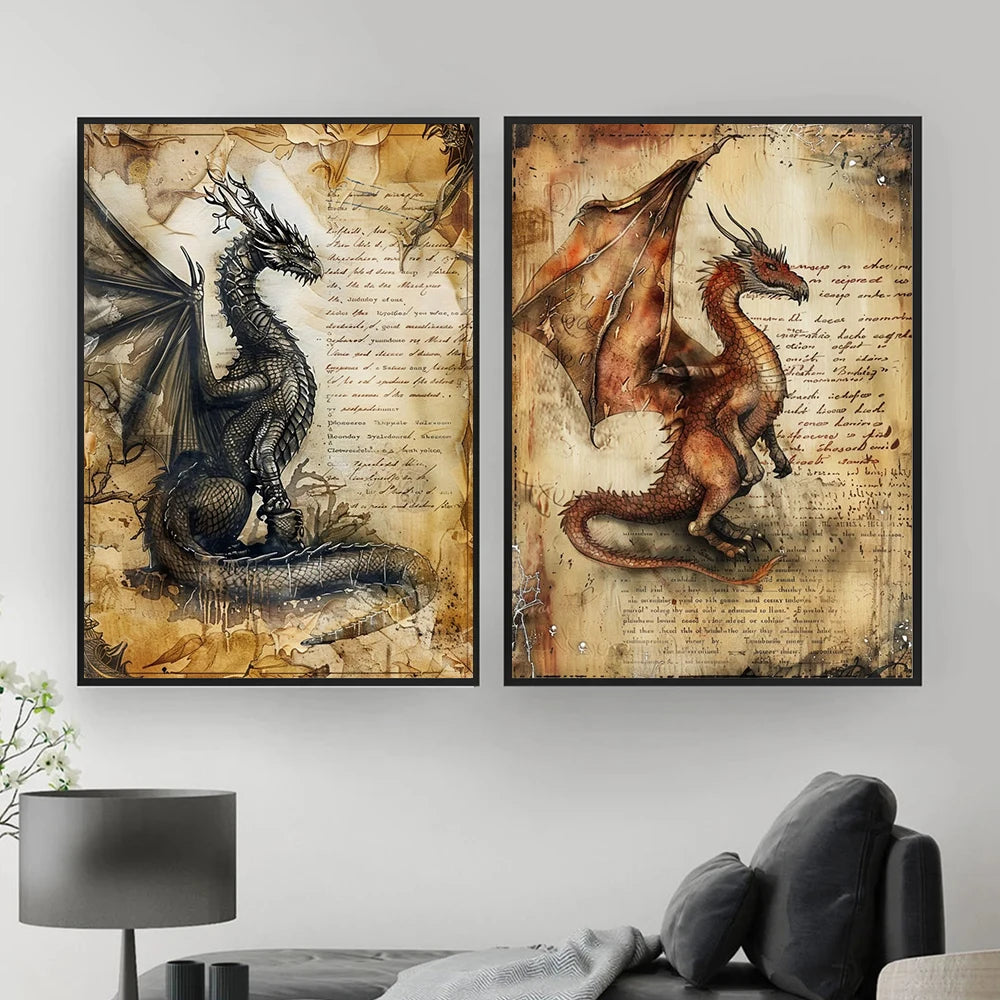 Fantasy Creatures Retro Art Magic Mythical Animal Elf Unicorn Fairy Dragon Canvas Poster Prints Wall Living Room Home Decor Gift