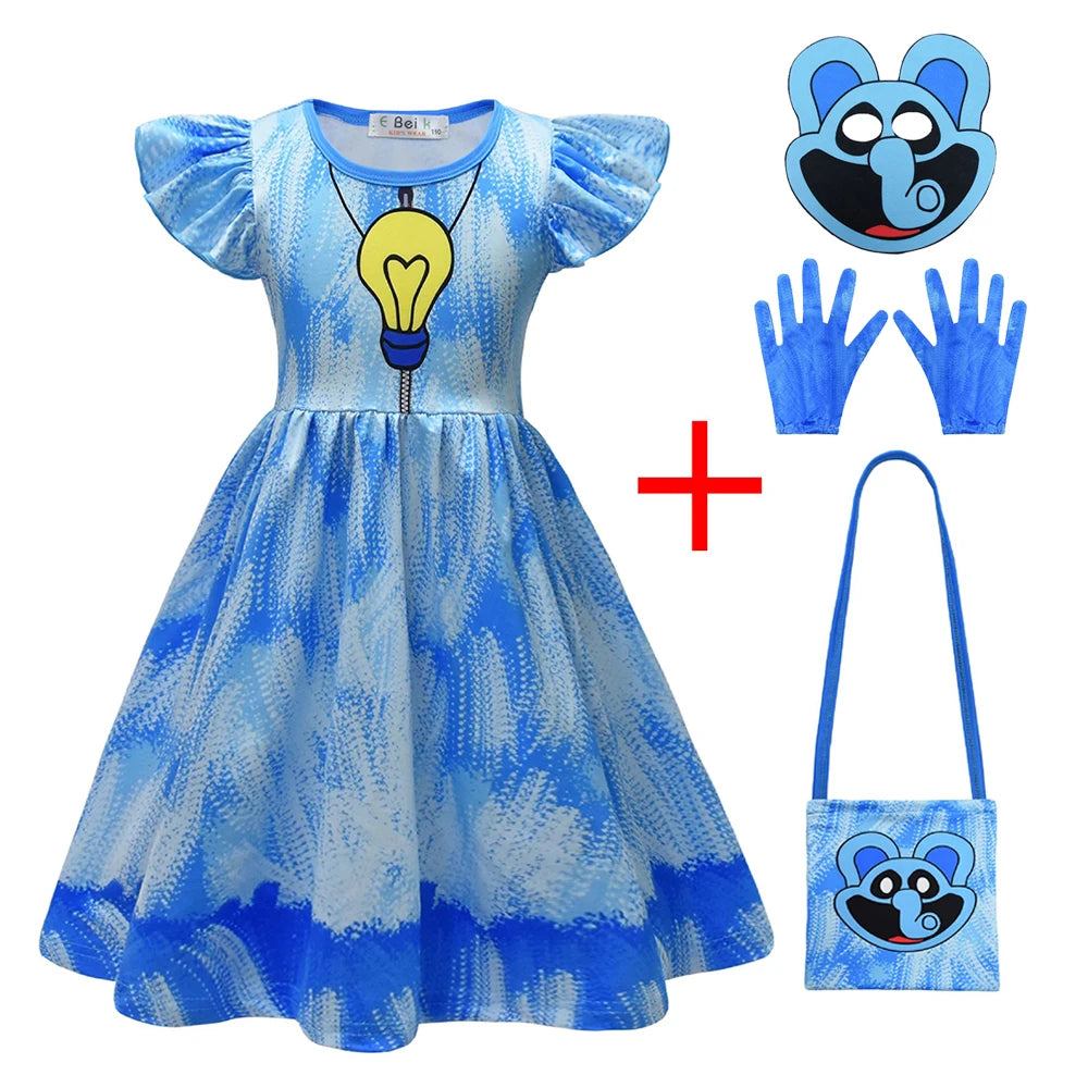 Girl Catnap Smiling Critters Cosplay Costume Kids Cartoon Cat Nap Dogday Print Dress+mask+gloves+bag Set Halloween Party Gift