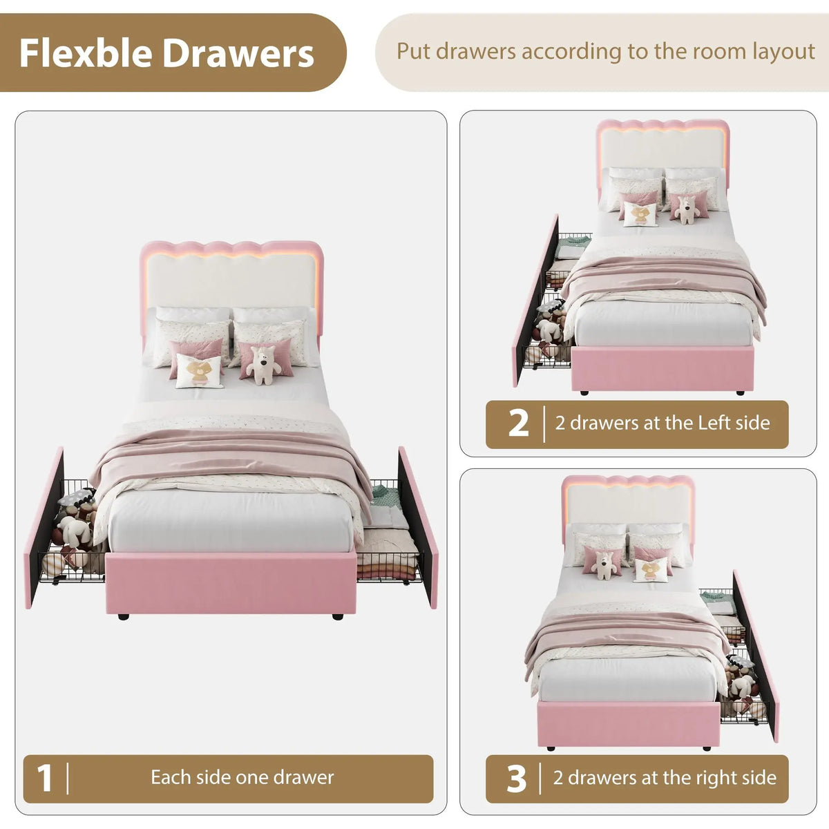 Twin Upholstered LED Bed Frame With 2 Storage Drawers, Adjustable Velvet Headboard, Platform Bed For Kids, No Box Spring Needed