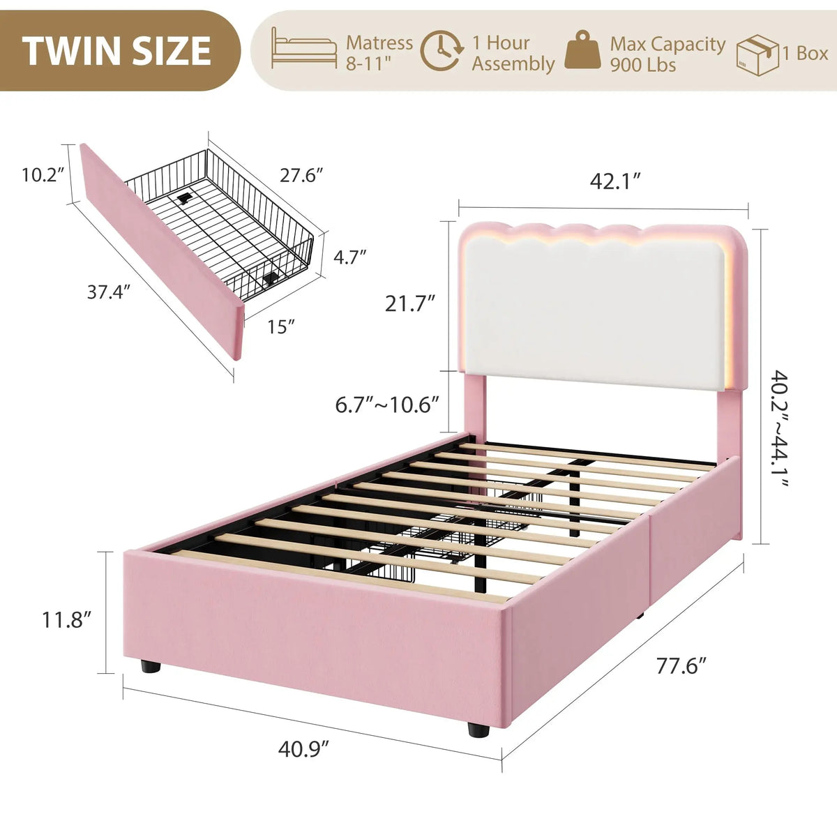 Twin Upholstered LED Bed Frame With 2 Storage Drawers, Adjustable Velvet Headboard, Platform Bed For Kids, No Box Spring Needed