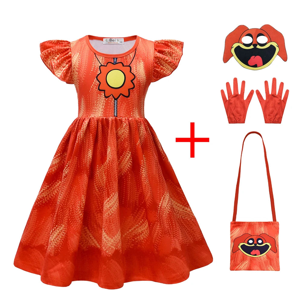Girl Catnap Smiling Critters Cosplay Costume Kids Cartoon Cat Nap Dogday Print Dress+mask+gloves+bag Set Halloween Party Gift