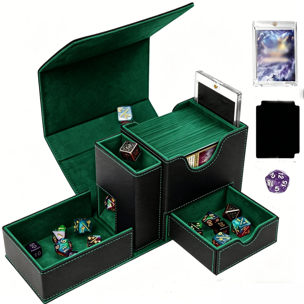 Sports Game PU Leather Card Box Display Window, Dice Side Box, All-in-One Desktop Game Card Box for Storage and Collection