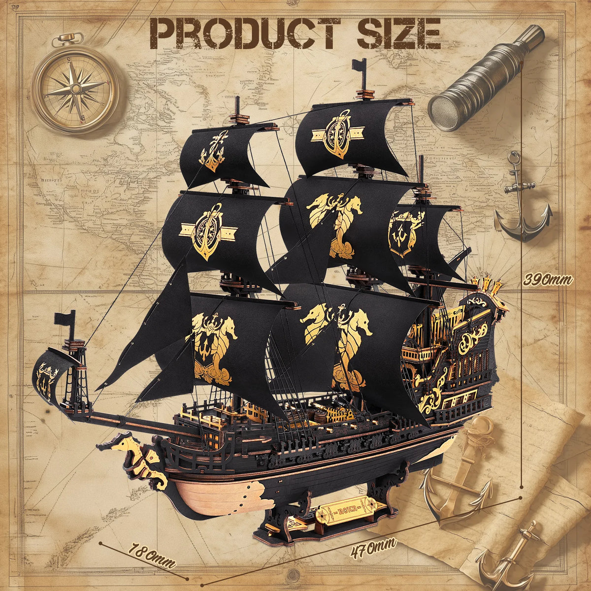 ROKR Seahorse Barque Wooden 3D Puzzle Sailboat Model Building Kit