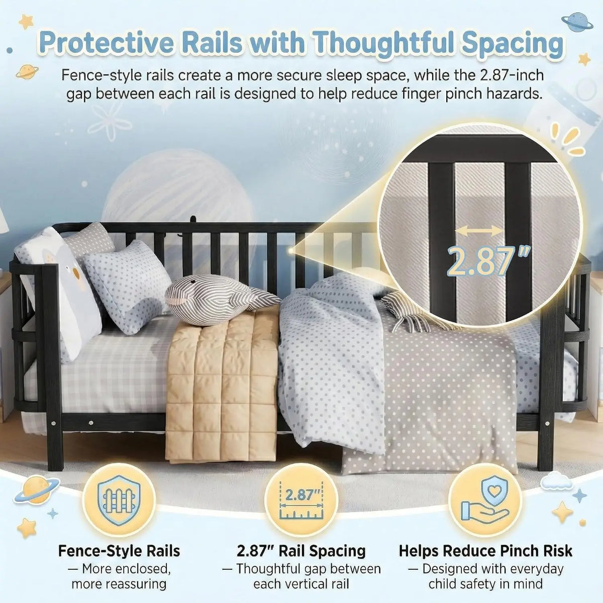 Twin Kids Bed Frame with Rails, Low Profile Montessori-Style Metal Bed for Boys Girls Teens, Removable Side Rail, 3-Sided Safety Guardrails, Metal & MDF Twin Daybed, No Box Spring Needed, Black