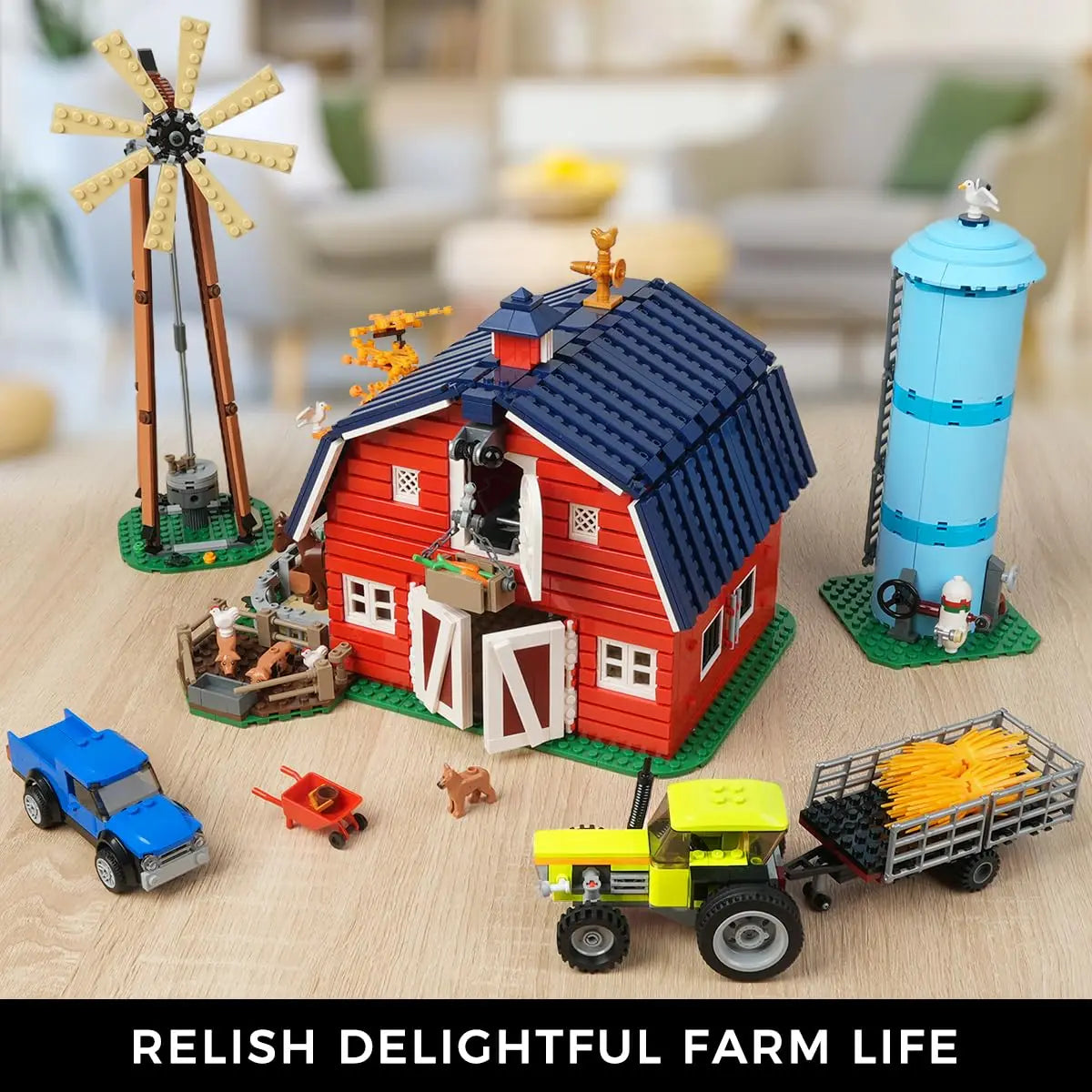 HOGOKIDS Farm Barn Building Set With Windmill Tractor And Animals