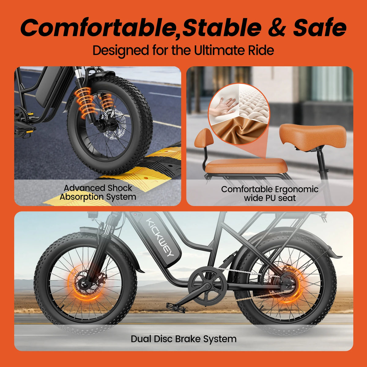 KICKWEY LD20 Electric Bicycle 1500W 48V 20AH 250W Electric Road Bike Double Seat for Women And Kids 20x3.0 Fat Tire Snow E-Bike for Adults
