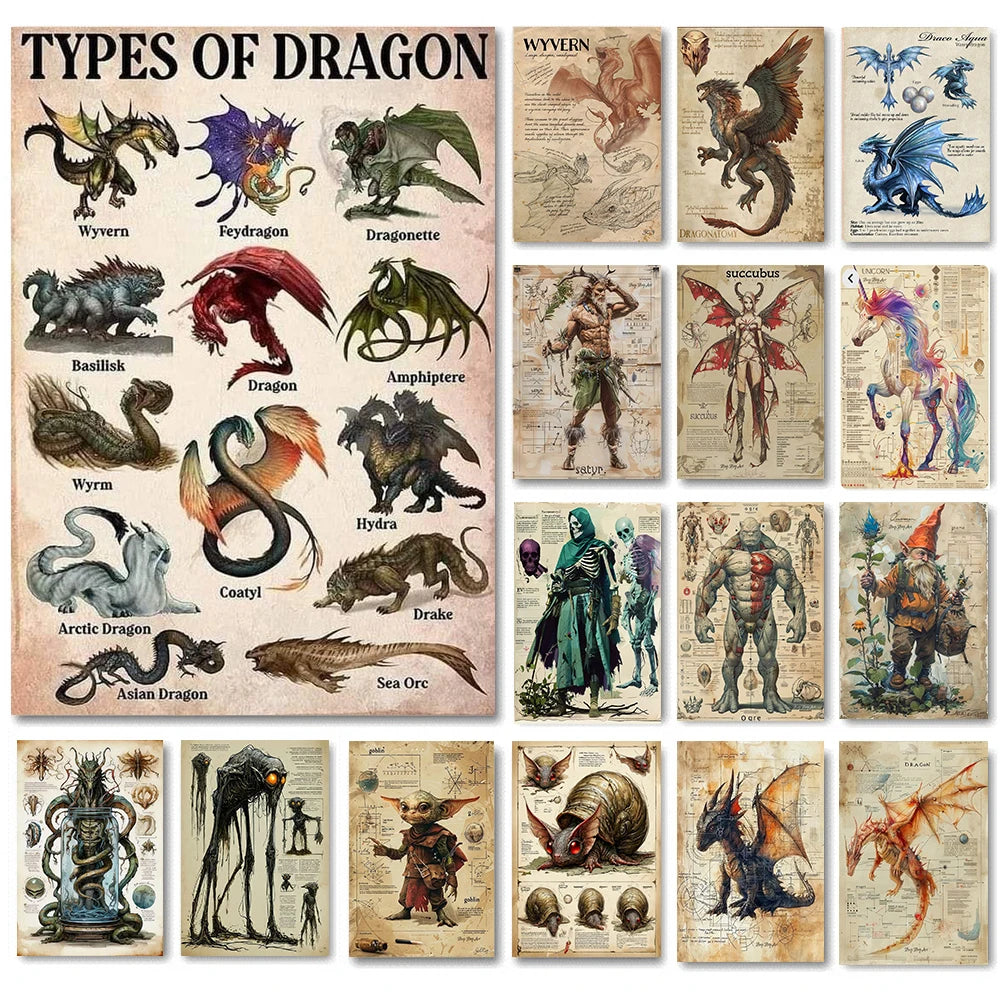Fantasy Creatures Retro Art Magic Mythical Animal Elf Unicorn Fairy Dragon Canvas Poster Prints Wall Living Room Home Decor Gift