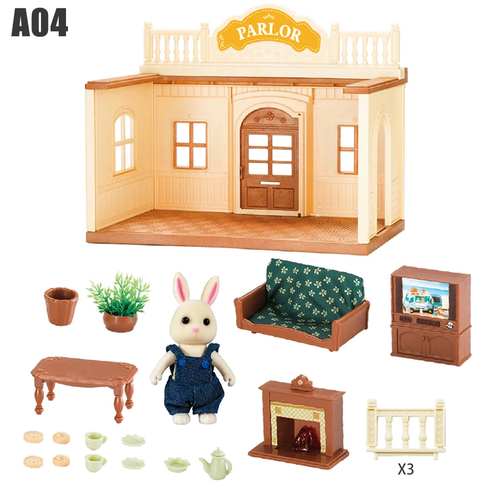 1/12 Dollhouse Furniture Family House Villa Simulate Forest Rabbit Animal Family Miniature Scene Toy Display Furniture Toy Gift