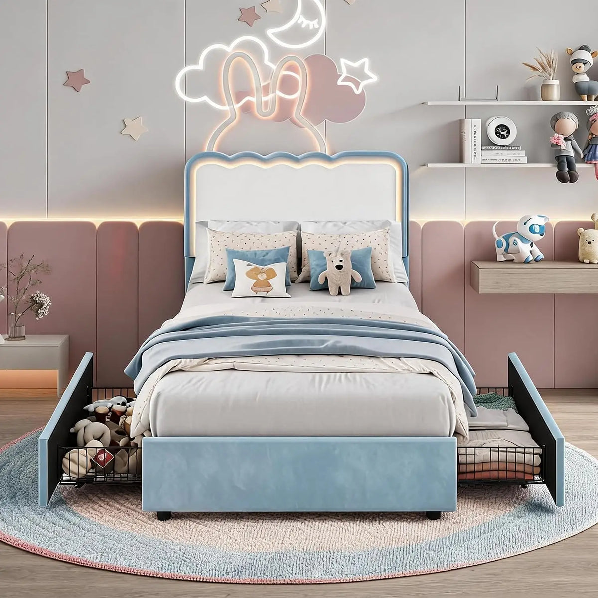 Twin Upholstered LED Bed Frame With 2 Storage Drawers, Adjustable Velvet Headboard, Platform Bed For Kids, No Box Spring Needed