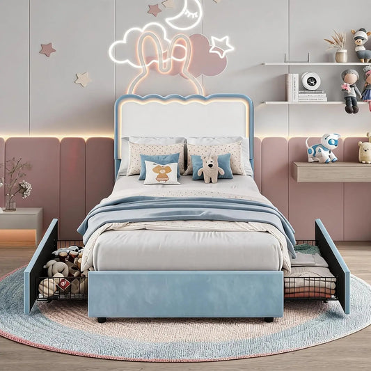 Twin Upholstered LED Bed Frame With 2 Storage Drawers, Adjustable Velvet Headboard, Platform Bed For Kids, No Box Spring Needed