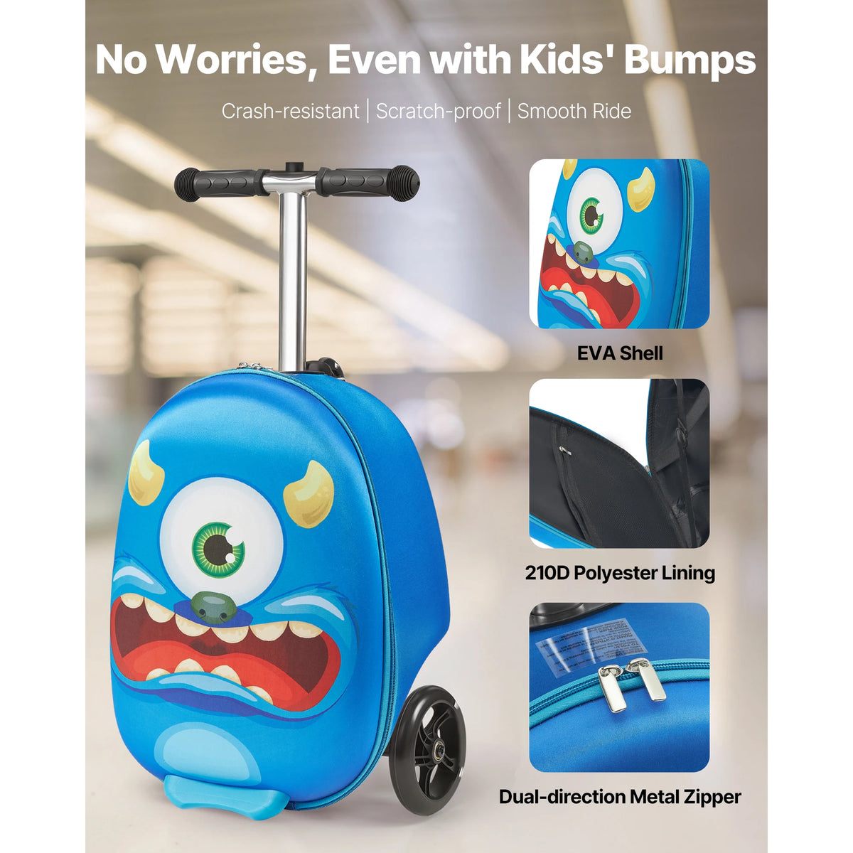 SucceBuy Kids Ride On Luggage Scooter Suitcase With Adjustable Handle
