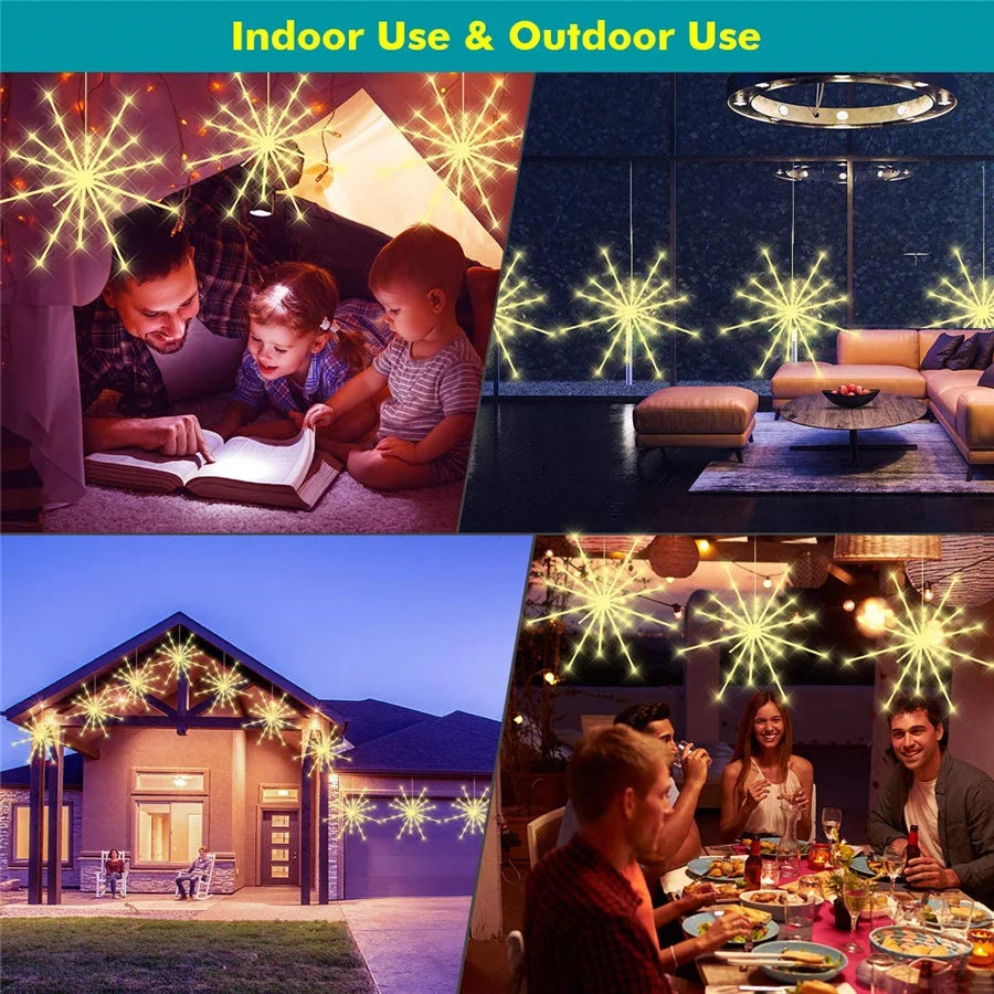 Christmas Garland LED Fairy String Lights Remote 8 Modes Hanging Exploding Star Firework Lights for Garden Party Wedding Decor