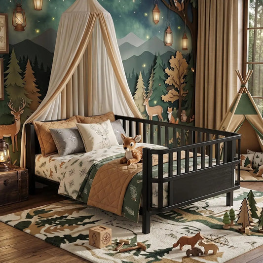 Twin Kids Bed Frame with Rails, Low Profile Montessori-Style Metal Bed for Boys Girls Teens, Removable Side Rail, 3-Sided Safety Guardrails, Metal & MDF Twin Daybed, No Box Spring Needed, Black