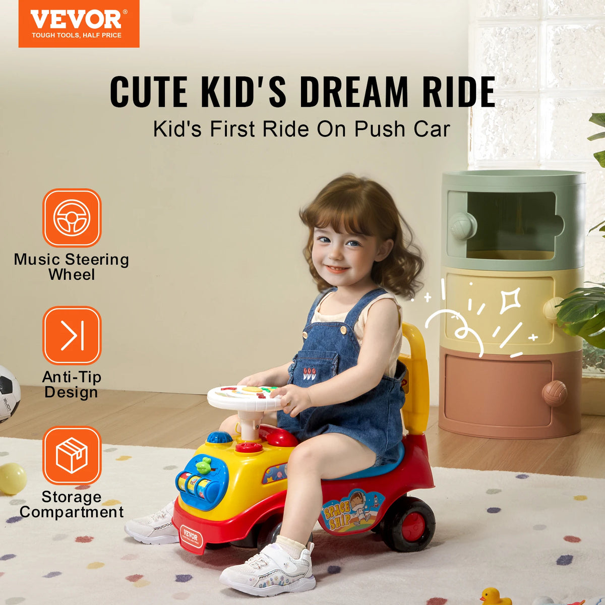 Toddler Ride On Push Car With Music Steering Wheel