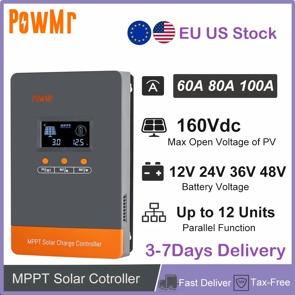 PowMr MPPT Solar Charge Controller 60A 80A 100A For 12V 24V 36V 48V