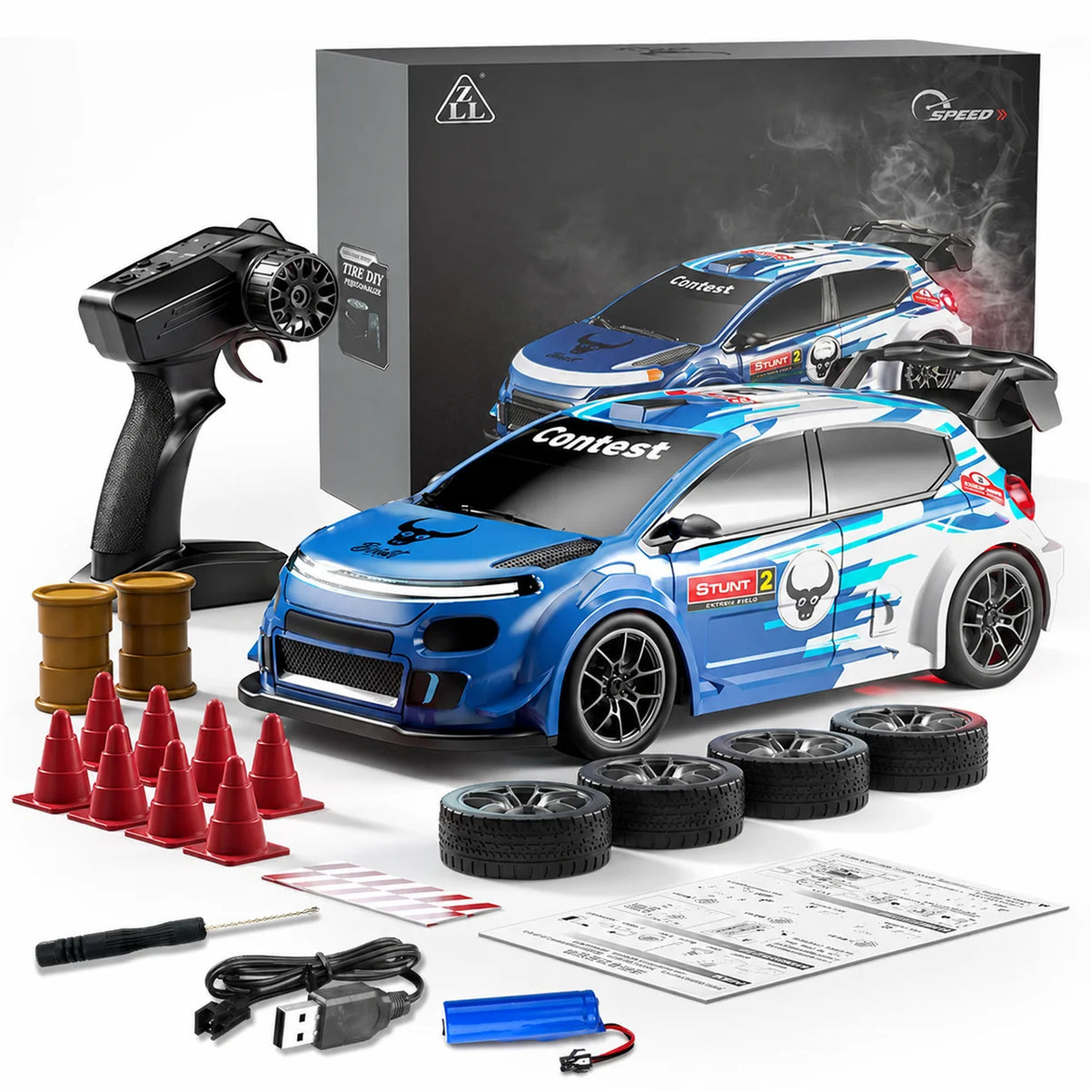 ZNLYRION SG718 1: 24 Scale 4WD RC Drift Car With Replaceable Racing Drift Tires LED Headlights Taillight Sport Rear Wing Remote Control Racing Vehicle Toy