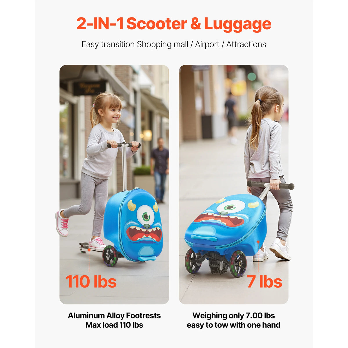 SucceBuy Kids Ride On Luggage Scooter Suitcase With Adjustable Handle