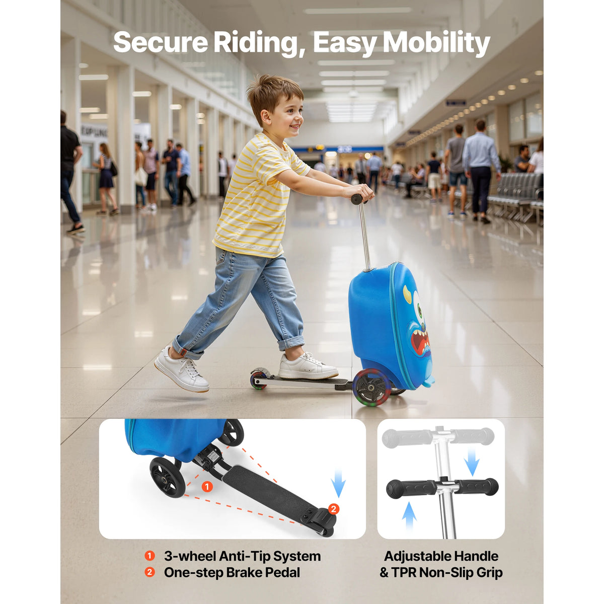 SucceBuy Kids Ride On Luggage Scooter Suitcase With Adjustable Handle