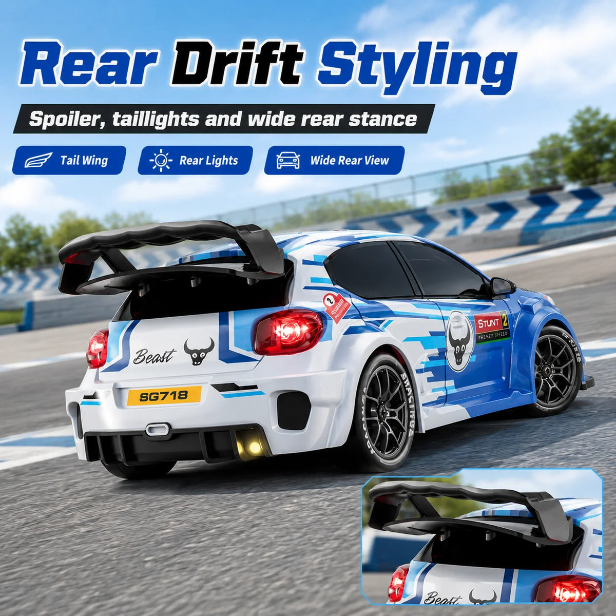 ZNLYRION SG718 1: 24 Scale 4WD RC Drift Car With Replaceable Racing Drift Tires LED Headlights Taillight Sport Rear Wing Remote Control Racing Vehicle Toy