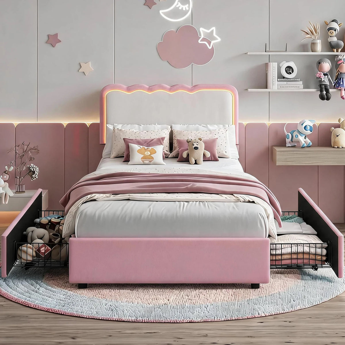 Twin Upholstered LED Bed Frame With 2 Storage Drawers, Adjustable Velvet Headboard, Platform Bed For Kids, No Box Spring Needed