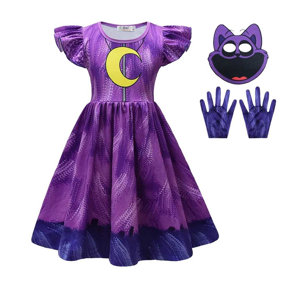 Girl Catnap Smiling Critters Cosplay Costume Kids Cartoon Cat Nap Dogday Print Dress+mask+gloves+bag Set Halloween Party Gift