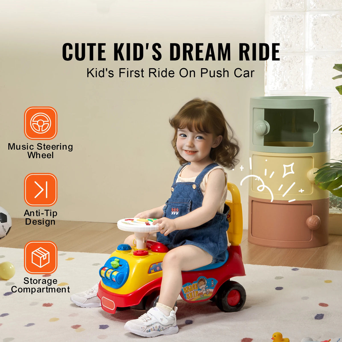 SucceBuy Toddler Ride On Push Car Sit To Stand With Music Steering Wheel