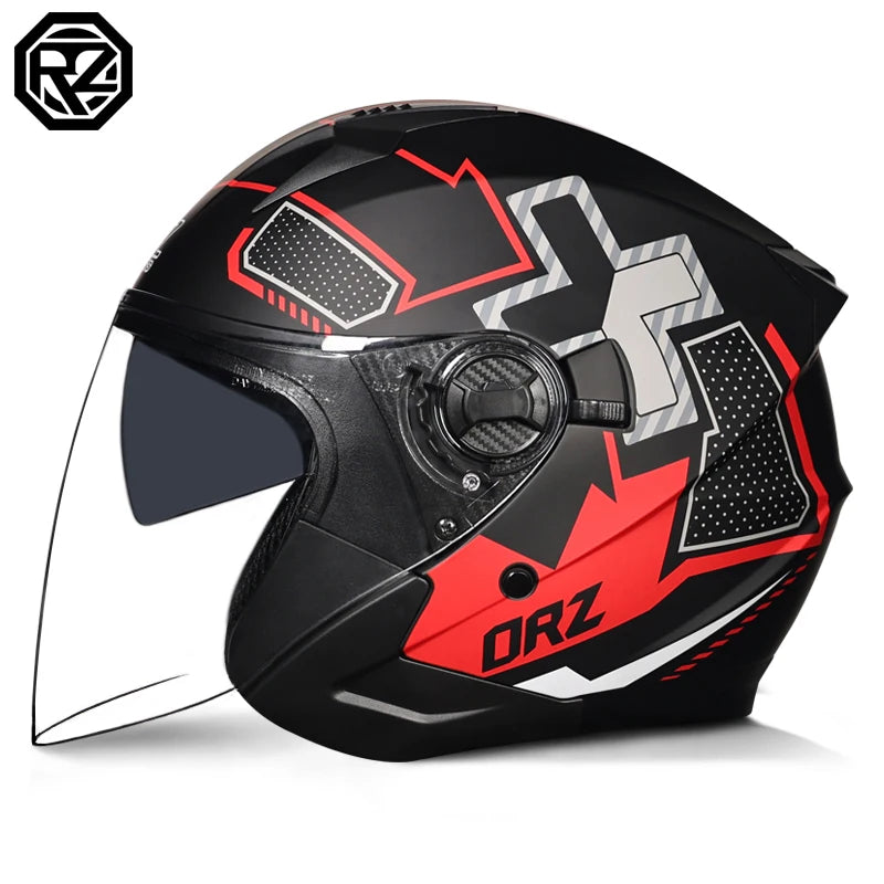 ORZ Motorcycle Open Face Helmet With Dual Lens Visor