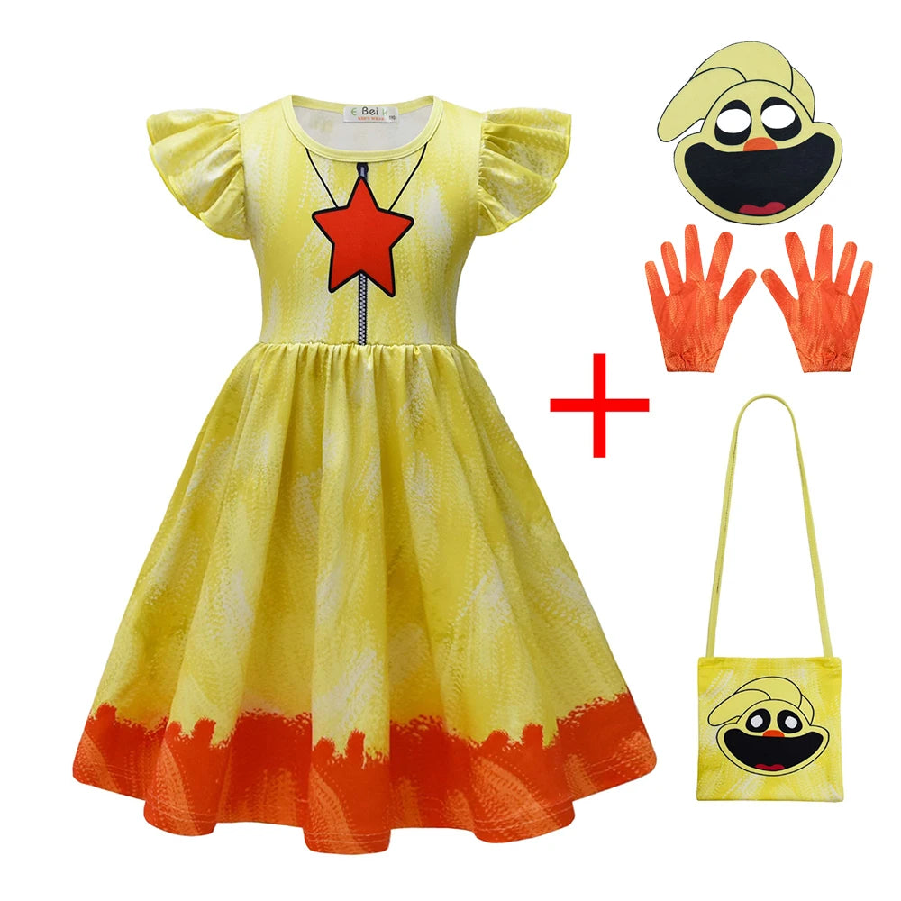 Girl Catnap Smiling Critters Cosplay Costume Kids Cartoon Cat Nap Dogday Print Dress+mask+gloves+bag Set Halloween Party Gift