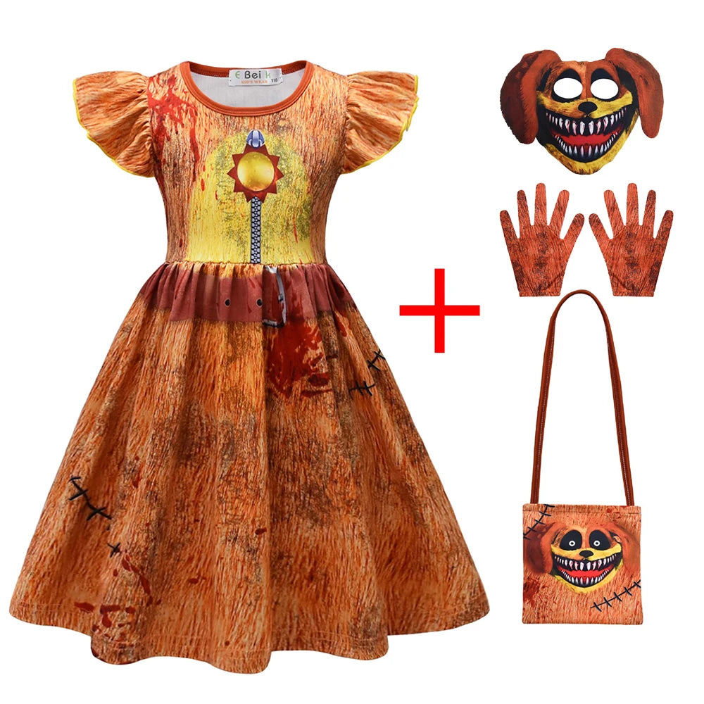 Girl Catnap Smiling Critters Cosplay Costume Kids Cartoon Cat Nap Dogday Print Dress+mask+gloves+bag Set Halloween Party Gift