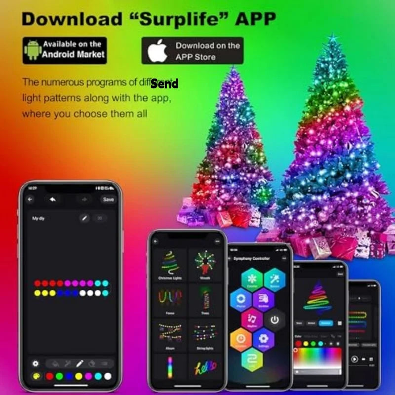 1.8CM/2.1CM RGB Christmas Tree Waterfall Lights With Star Topper,APP Remote Control LED String Lights Multicolor Fairy Light Indoor Outdoor