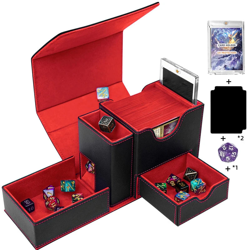 Sports Game PU Leather Card Box Display Window, Dice Side Box, All-in-One Desktop Game Card Box for Storage and Collection