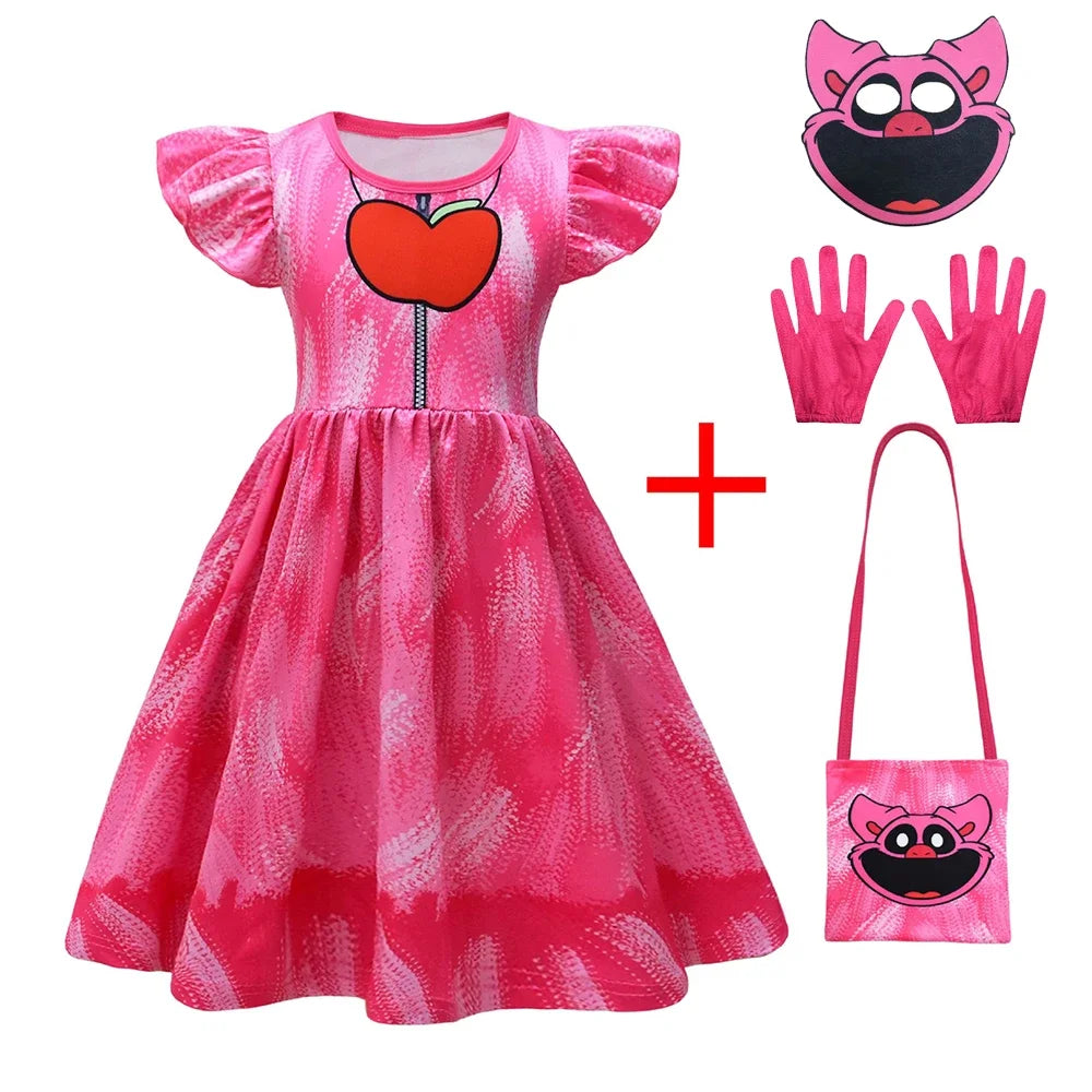 Girl Catnap Smiling Critters Cosplay Costume Kids Cartoon Cat Nap Dogday Print Dress+mask+gloves+bag Set Halloween Party Gift