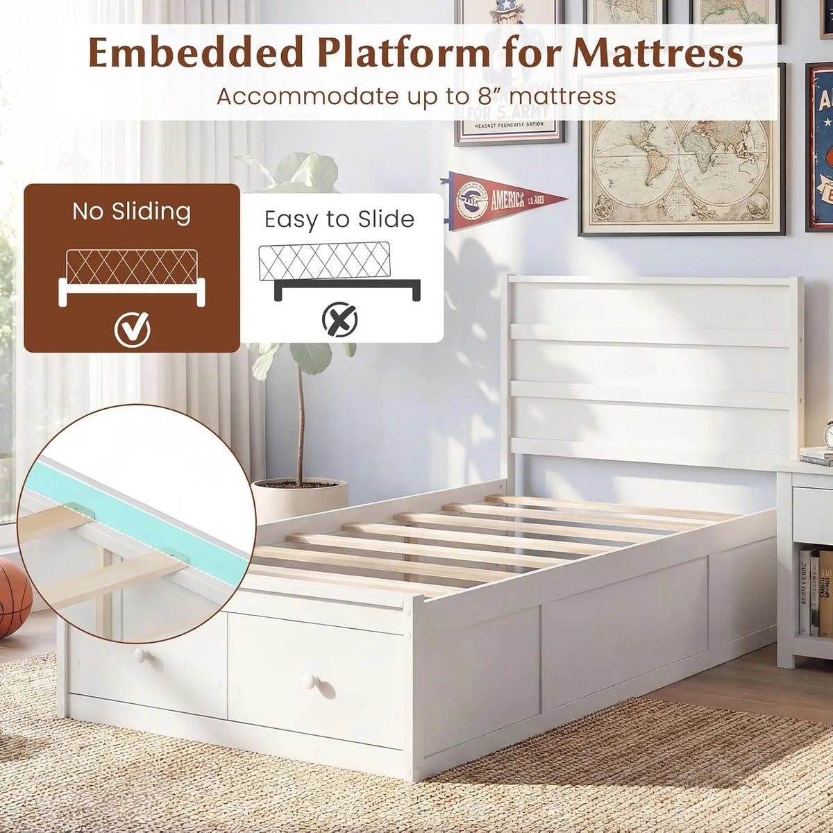 Twin Bed Frames for Kids with Storage Drawers, Wood Platform Bed with Headboard, Solid Mattress Foundation w/Wooden Slat Support & Enclosed Base, No Box Spring Needed (White, Twin)