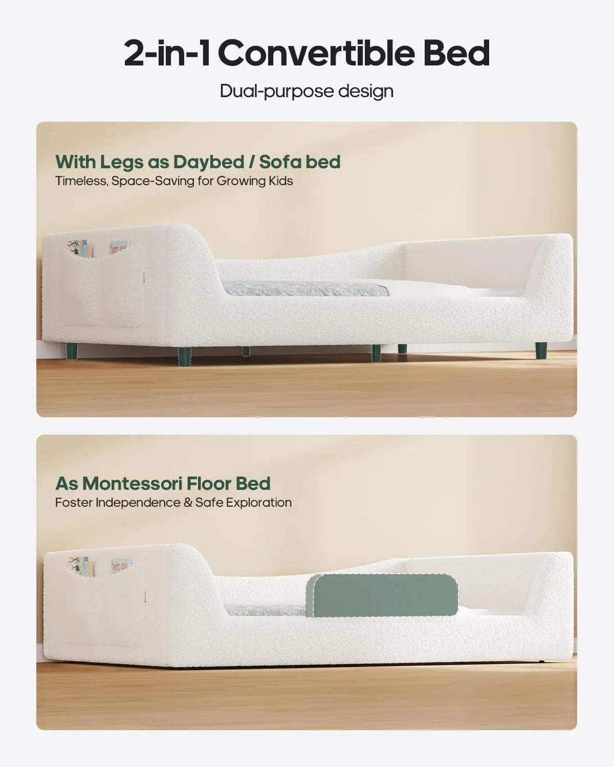 Twin Floor Bed, Low Montessori 2-in-1 Beds, Slats, High Rails, Upholstered