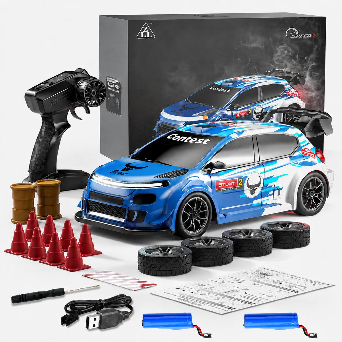ZNLYRION SG718 1: 24 Scale 4WD RC Drift Car With Replaceable Racing Drift Tires LED Headlights Taillight Sport Rear Wing Remote Control Racing Vehicle Toy