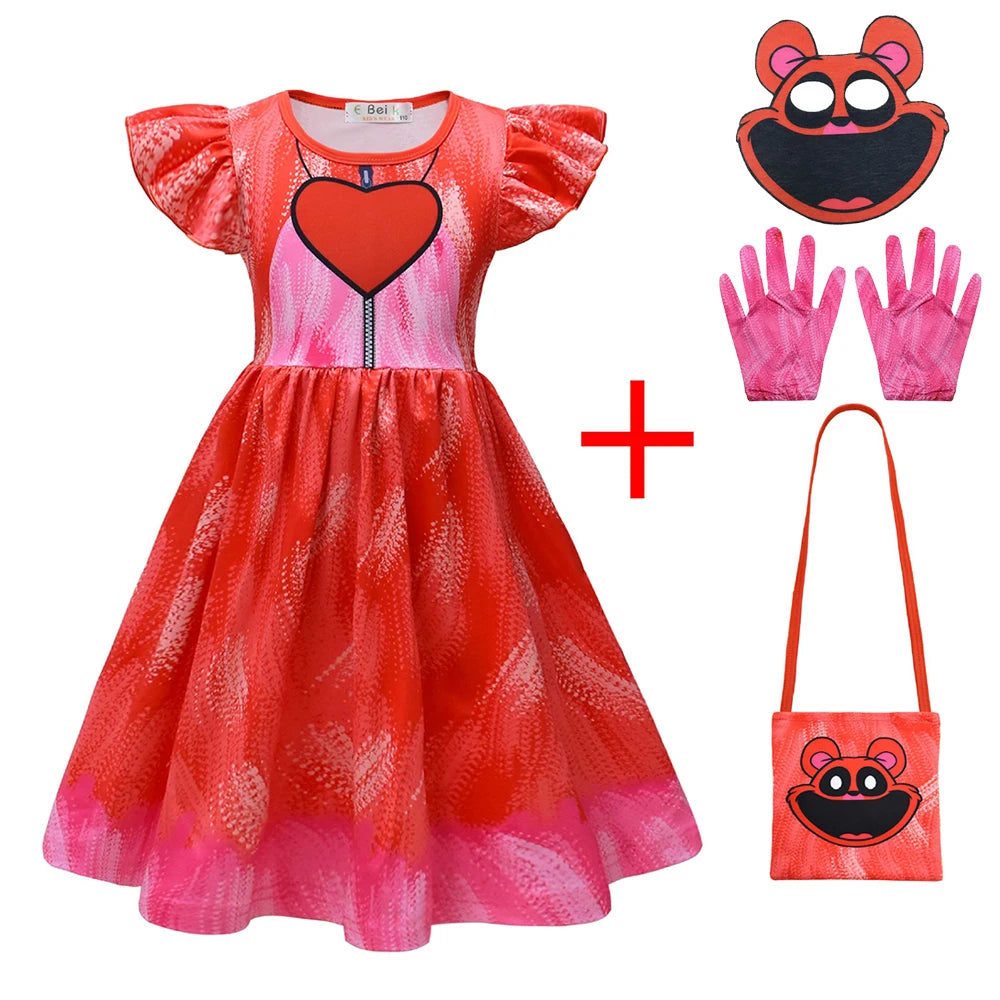 Girl Catnap Smiling Critters Cosplay Costume Kids Cartoon Cat Nap Dogday Print Dress+mask+gloves+bag Set Halloween Party Gift