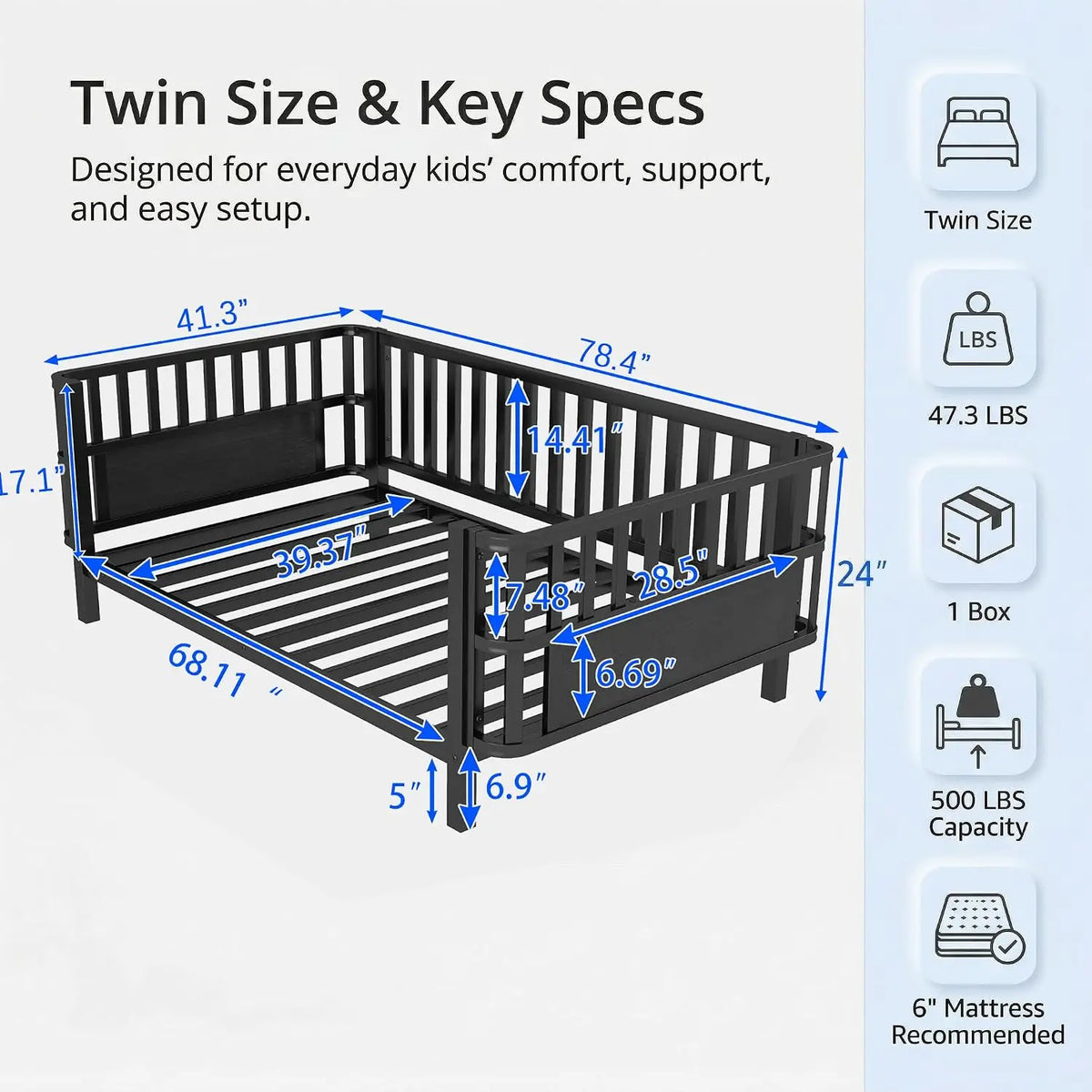 Twin Kids Bed Frame with Rails, Low Profile Montessori-Style Metal Bed for Boys Girls Teens, Removable Side Rail, 3-Sided Safety Guardrails, Metal & MDF Twin Daybed, No Box Spring Needed, Black