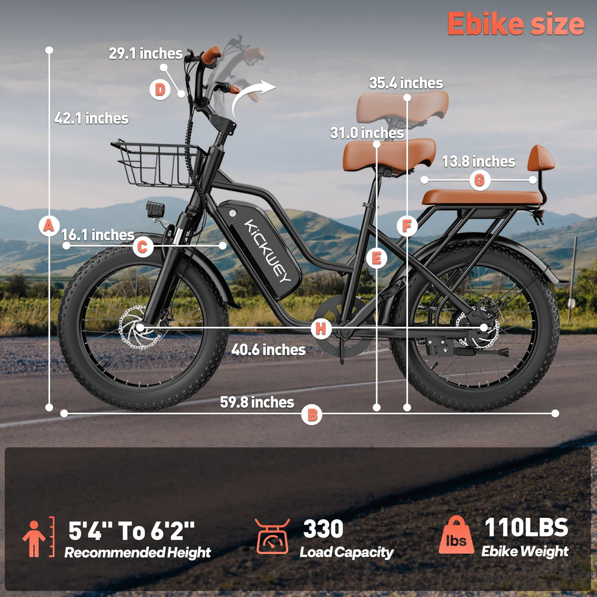 KICKWEY LD20 Electric Bicycle 1500W 48V 20AH 250W Electric Road Bike Double Seat for Women And Kids 20x3.0 Fat Tire Snow E-Bike for Adults