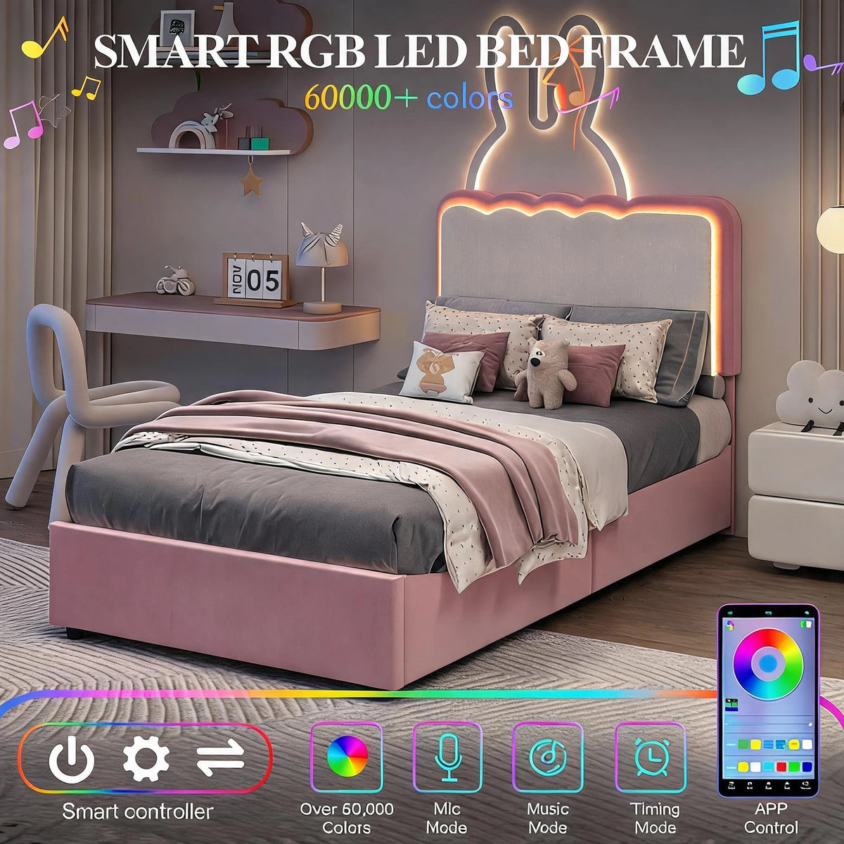 Twin Upholstered LED Bed Frame With 2 Storage Drawers, Adjustable Velvet Headboard, Platform Bed For Kids, No Box Spring Needed