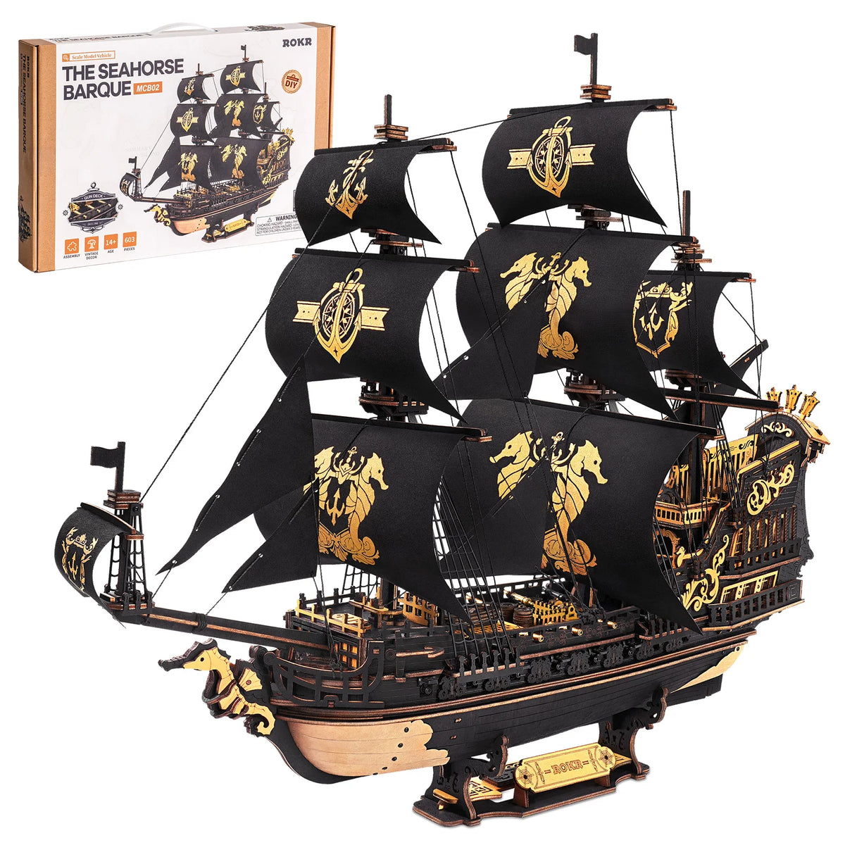 ROKR Seahorse Barque Wooden 3D Puzzle Sailboat Model Building Kit